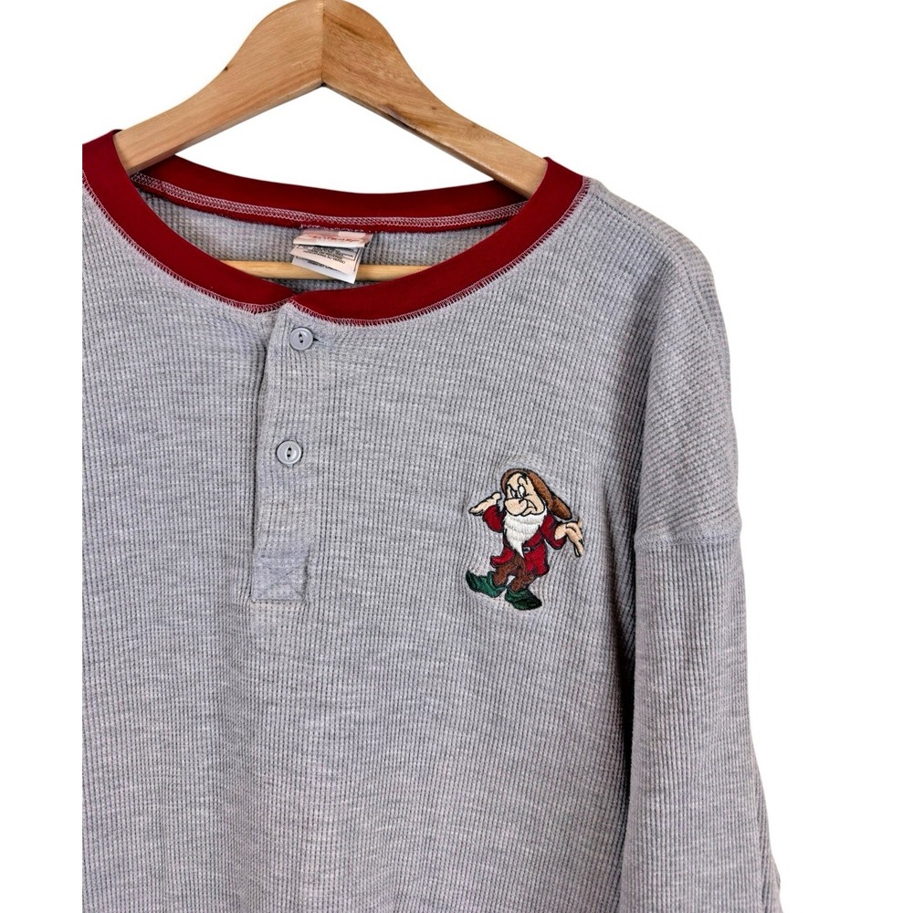 Vintage Disney Store Grumpy Embroidered Waffle Knit Thermal Henley Mens XL Gray